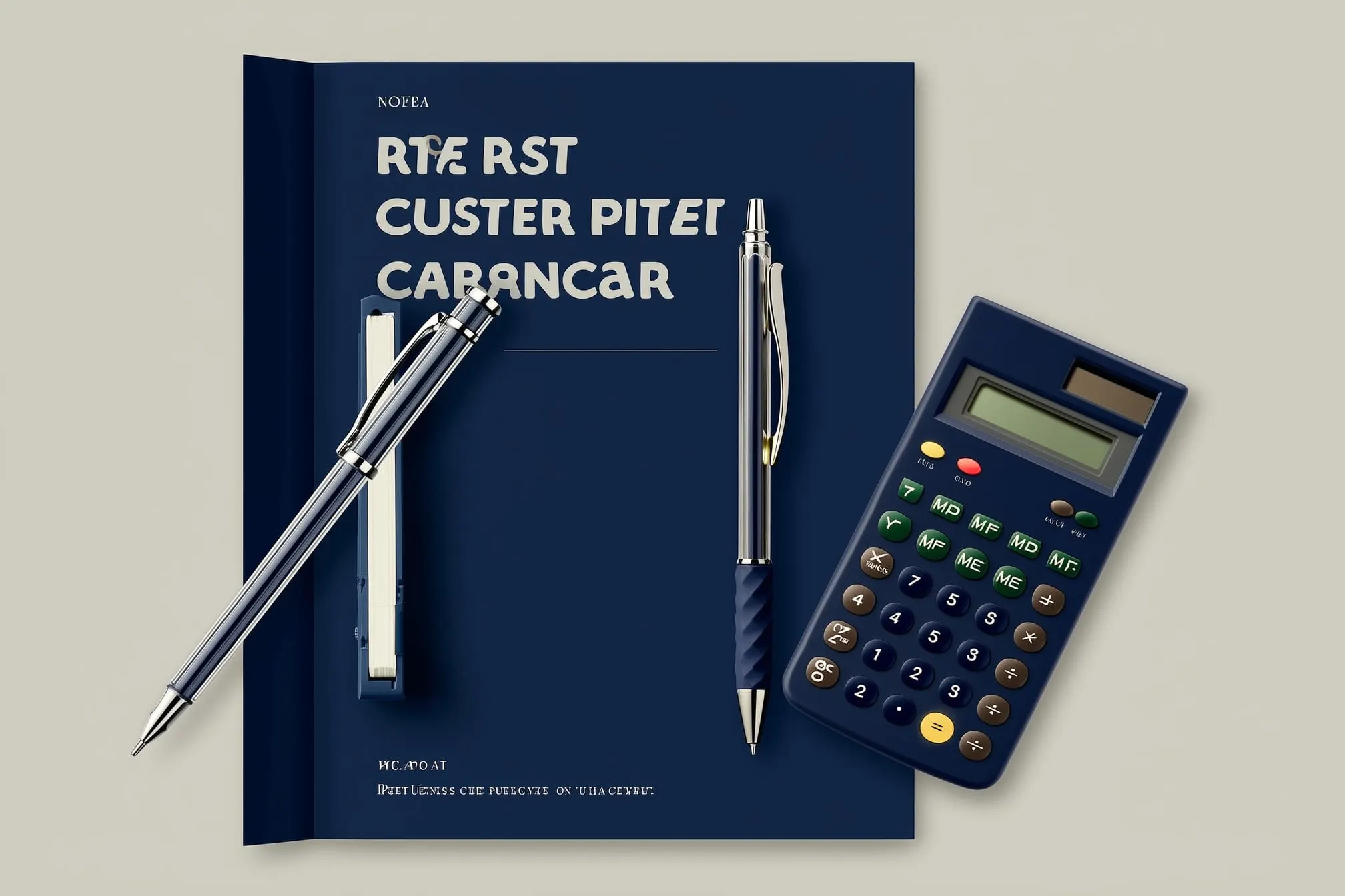 Photorealistic desk with a notepad, pen, and a payment card