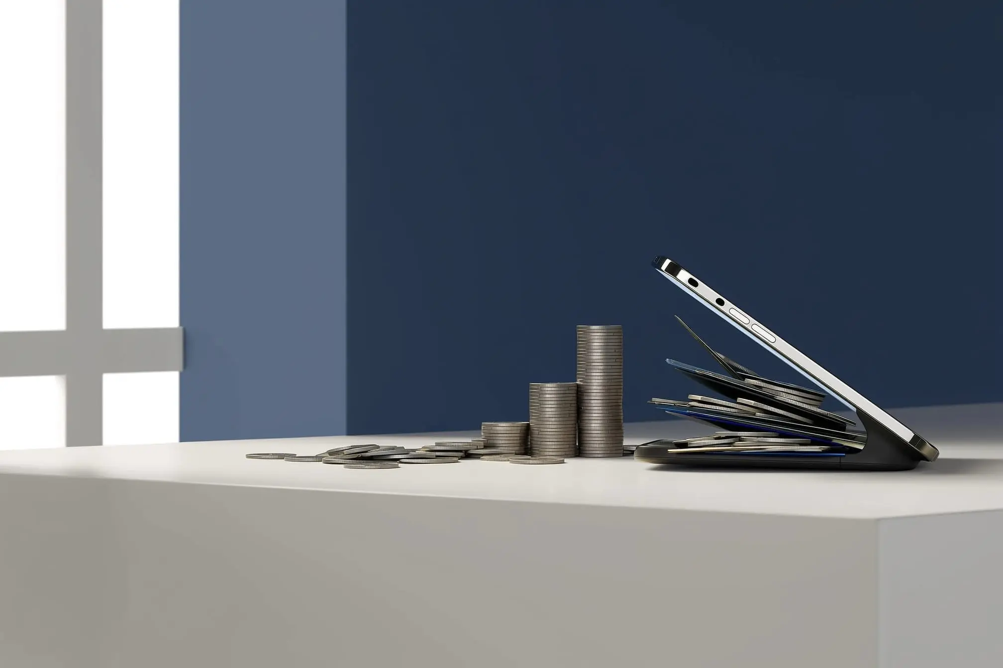 Photorealistic phone wallet and unbranded coins