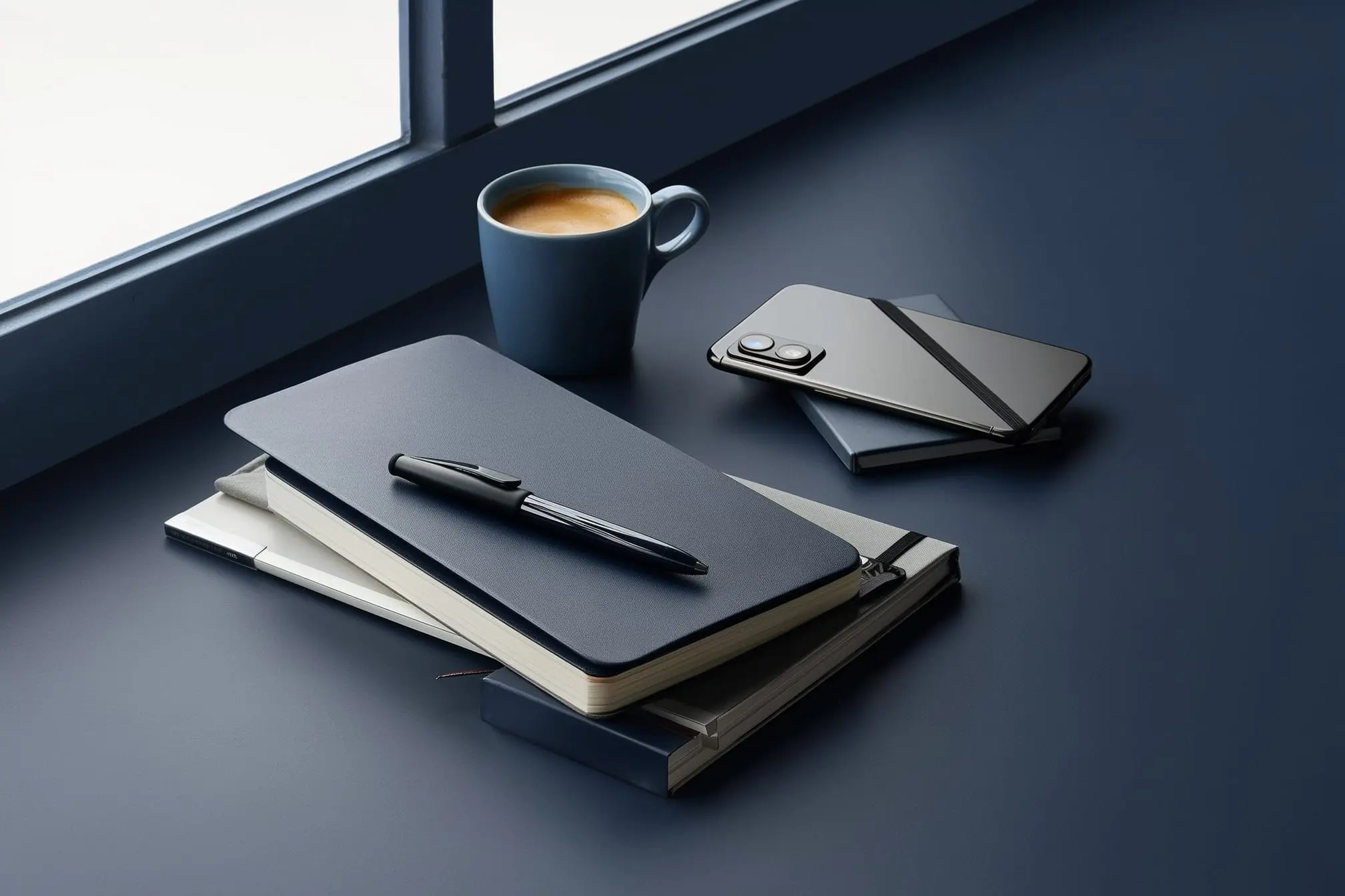 Photorealistic desk with a smartphone, a notebook, and a cup of coffee