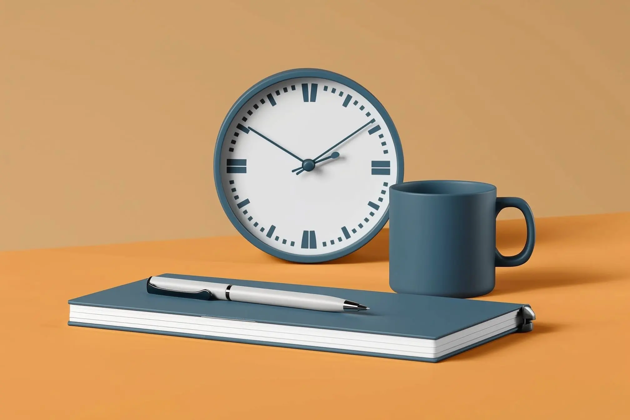 Photorealistic desk with a clock, a notepad, and a pen