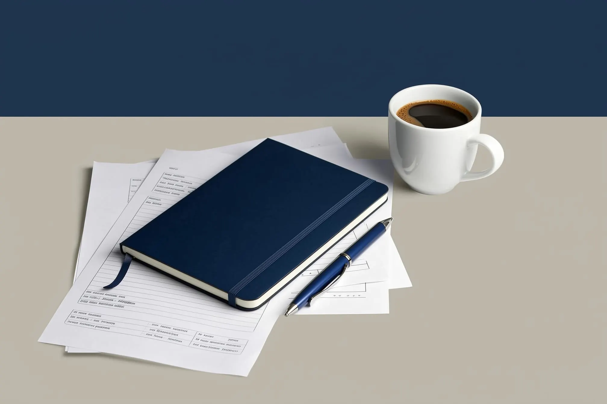 Photorealistic arrangement of papers, a pen, and a notebook on a desk