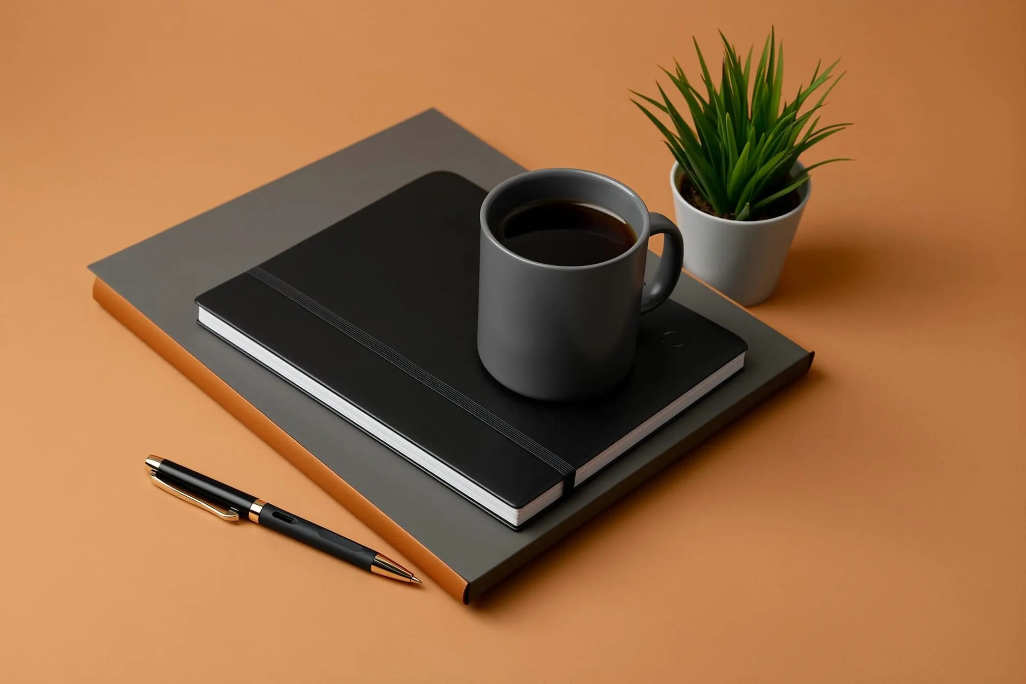 Photorealistic still life of a desk with a notebook, pen, and a coffee mug