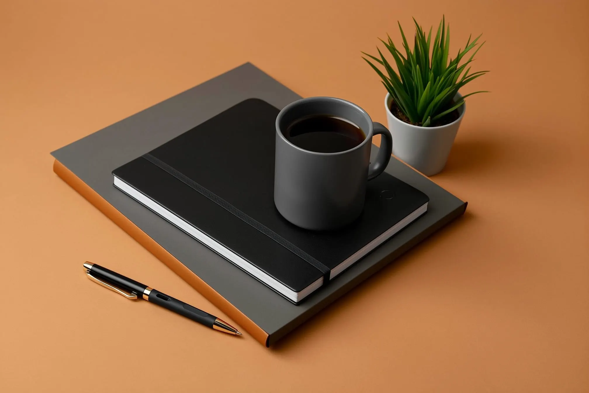 Photorealistic still life of a desk with a notebook, pen, and a coffee mug