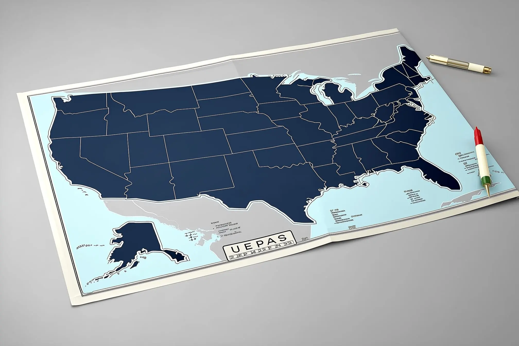 Photorealistic desk with a US map, gaming chips and a tablet