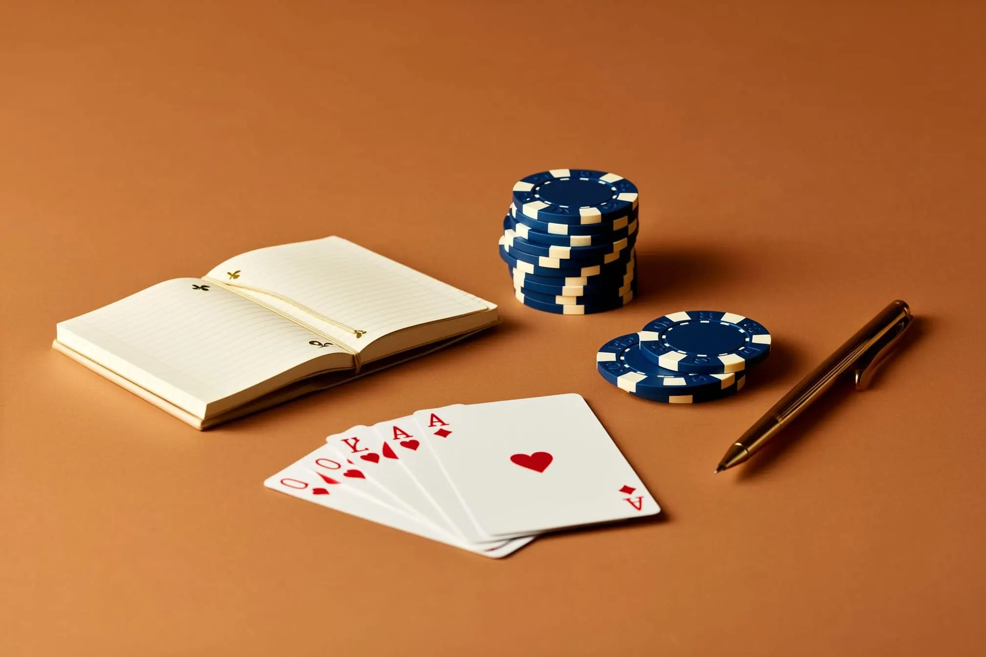Photorealistic arrangement of poker chips, playing cards, and a notepad on a table