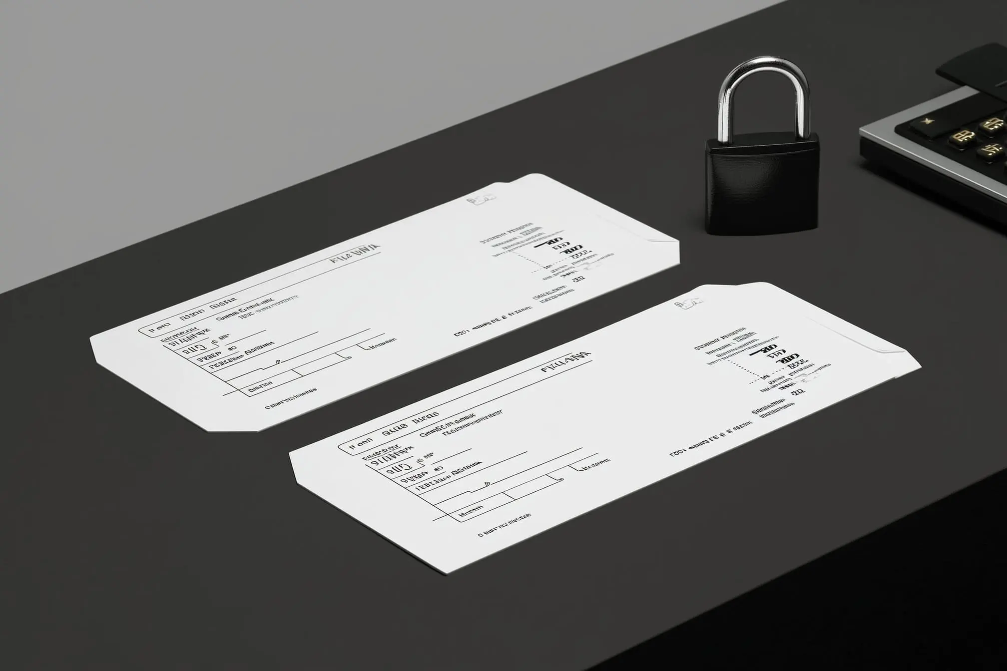 Photorealistic account review desk with a phone, payment card and documents
