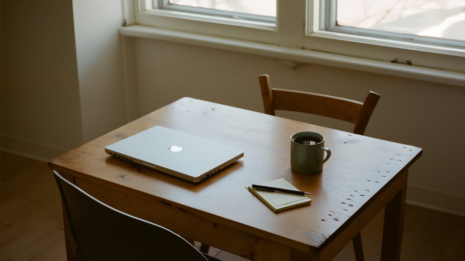 A closed laptop, a mug and a notebook on a quiet wooden table, set up before deciding on a budget and a time limit.