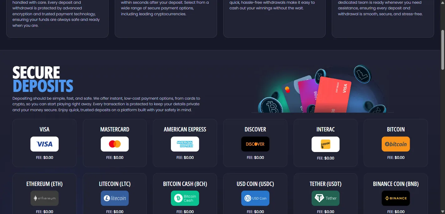The Secure Deposits section of All Star Slots' banking page, showing a grid of payment tiles for Visa, Mastercard, American Express, Discover, Interac, Bitcoin, Ethereum, Litecoin, Bitcoin Cash, USD Coin, Tether and Binance Coin, each labelled FEE: $0.00.