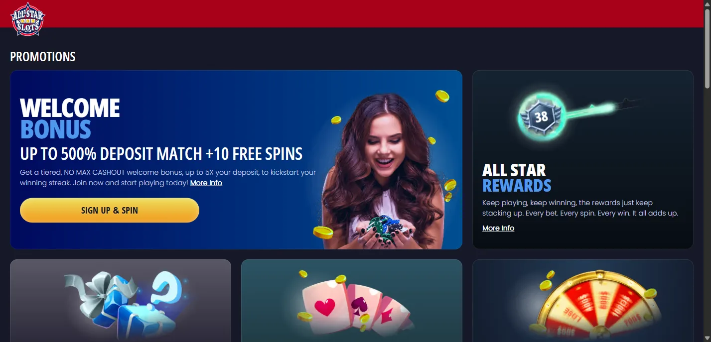 All Star Slots' promotions page, headed by a Welcome Bonus panel reading Up to 500% Deposit Match +10 Free Spins with a Sign Up and Spin button, beside an All Star Rewards tile and a row of further promotion cards.