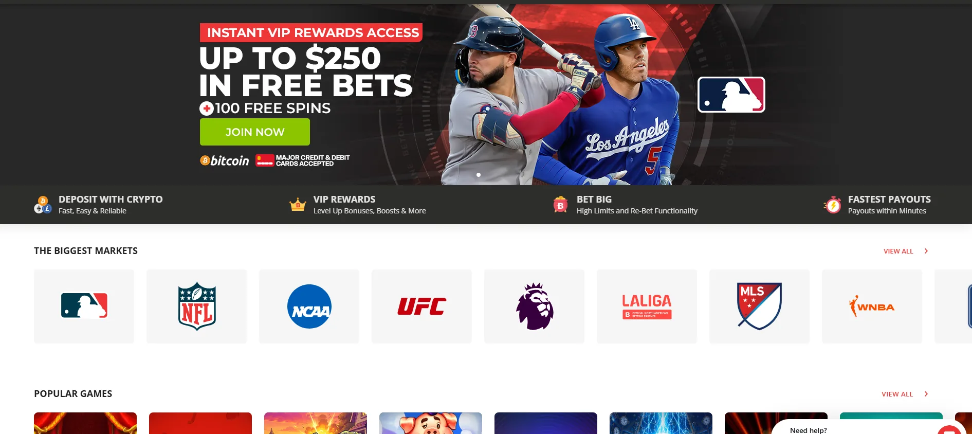 The BetOnline homepage showing its sports and casino promo banner and popular games row, captured logged out on 28 August 2026.