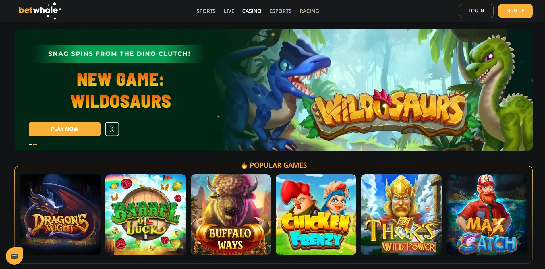 The BetWhale casino lobby showing a Wildosaurs feature banner above a row of popular casino games.