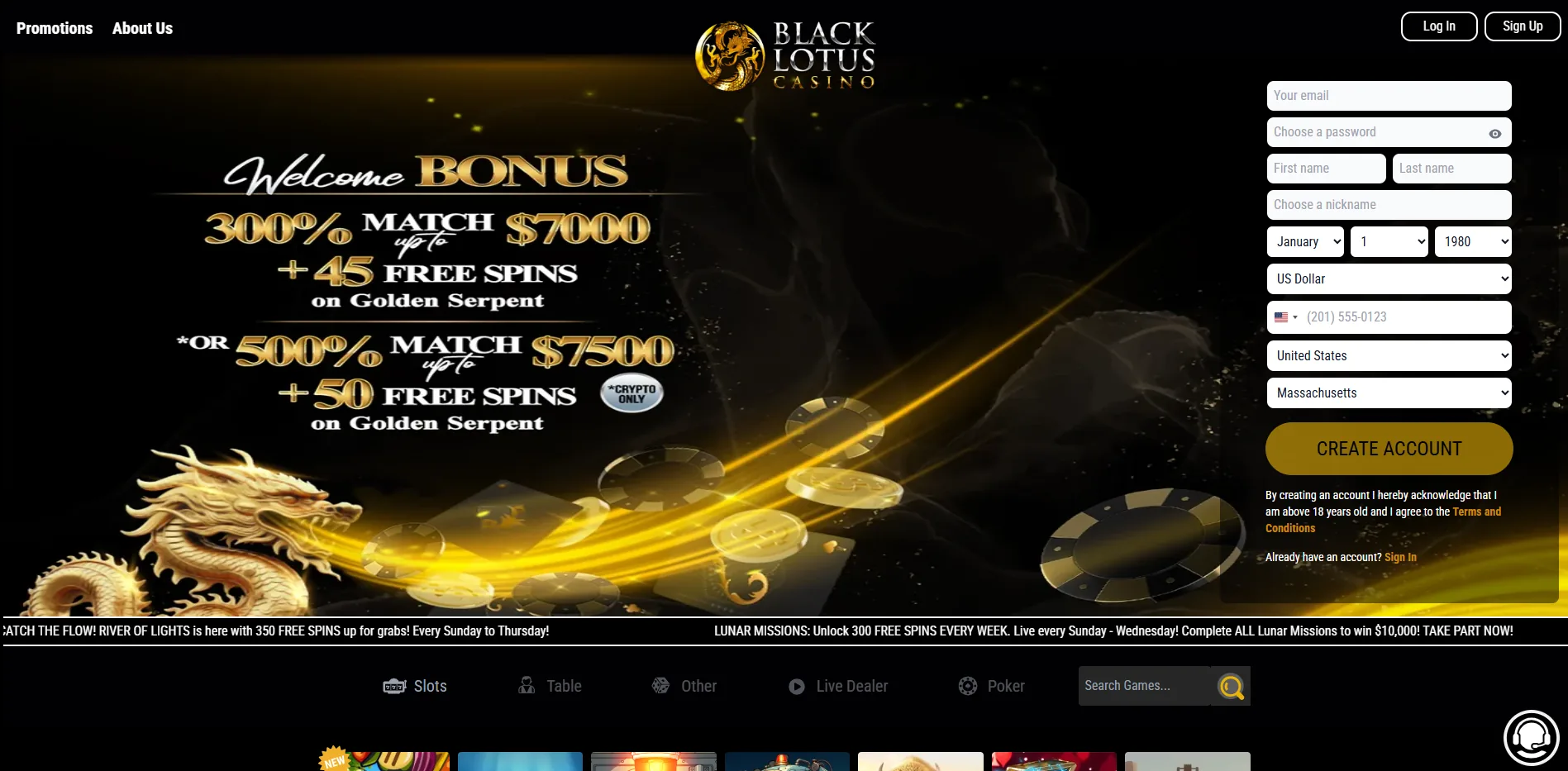 The Black Lotus Casino welcome page showing card and crypto match options with free spins beside an empty registration form.