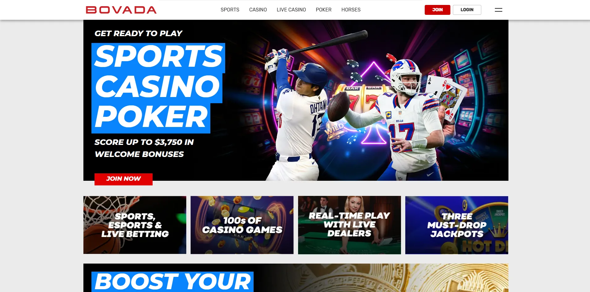 The Bovada homepage showing its combined sports, casino and poker welcome-bonus banner above product-category cards.