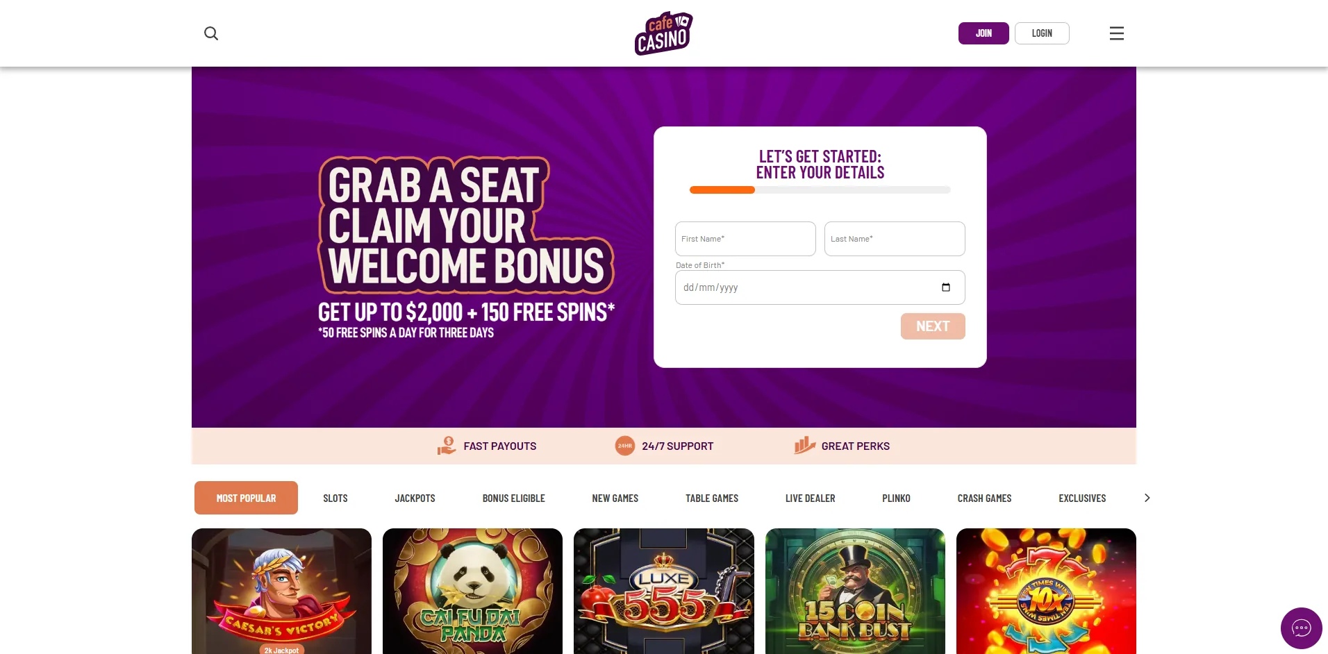 The Cafe Casino welcome page showing an offer of up to $2,000 and 150 free spins beside the empty account-registration form and game lobby.