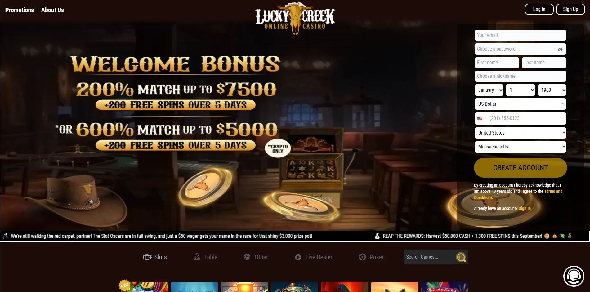 The Lucky Creek Online Casino homepage showing its card and crypto welcome offers beside an empty registration form.