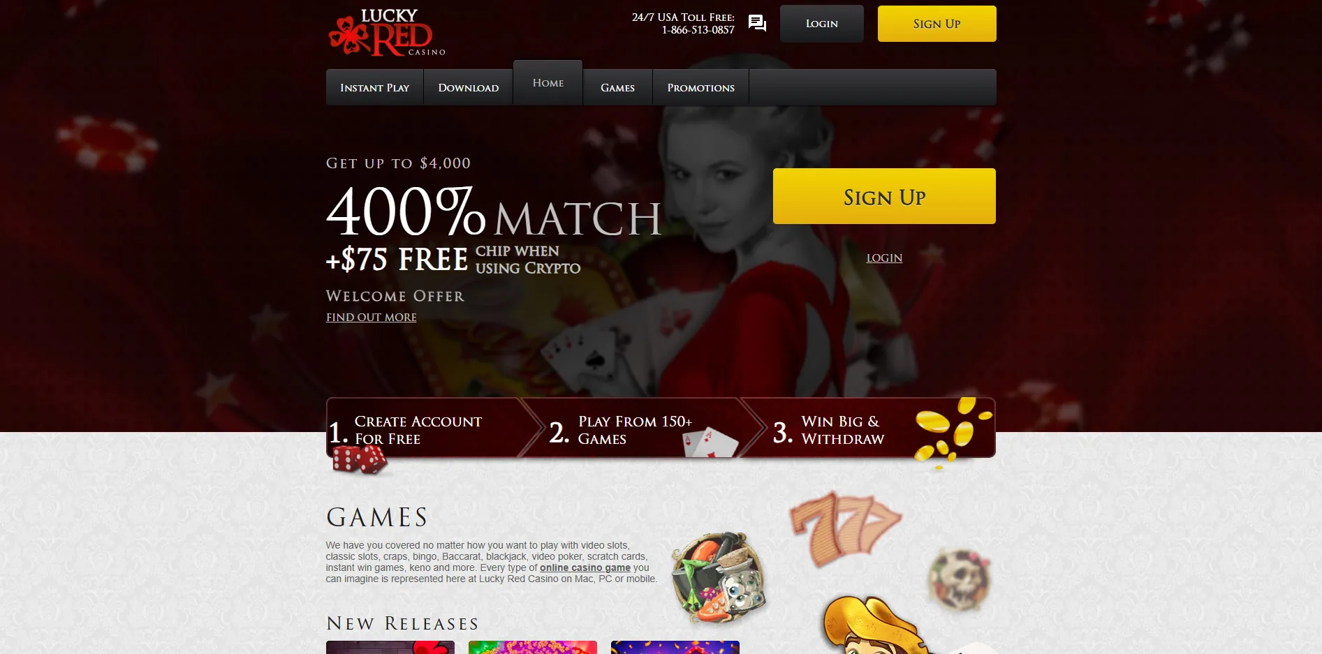 The Lucky Red Casino homepage showing its 400% match welcome offer and $75 crypto free chip above the games section.
