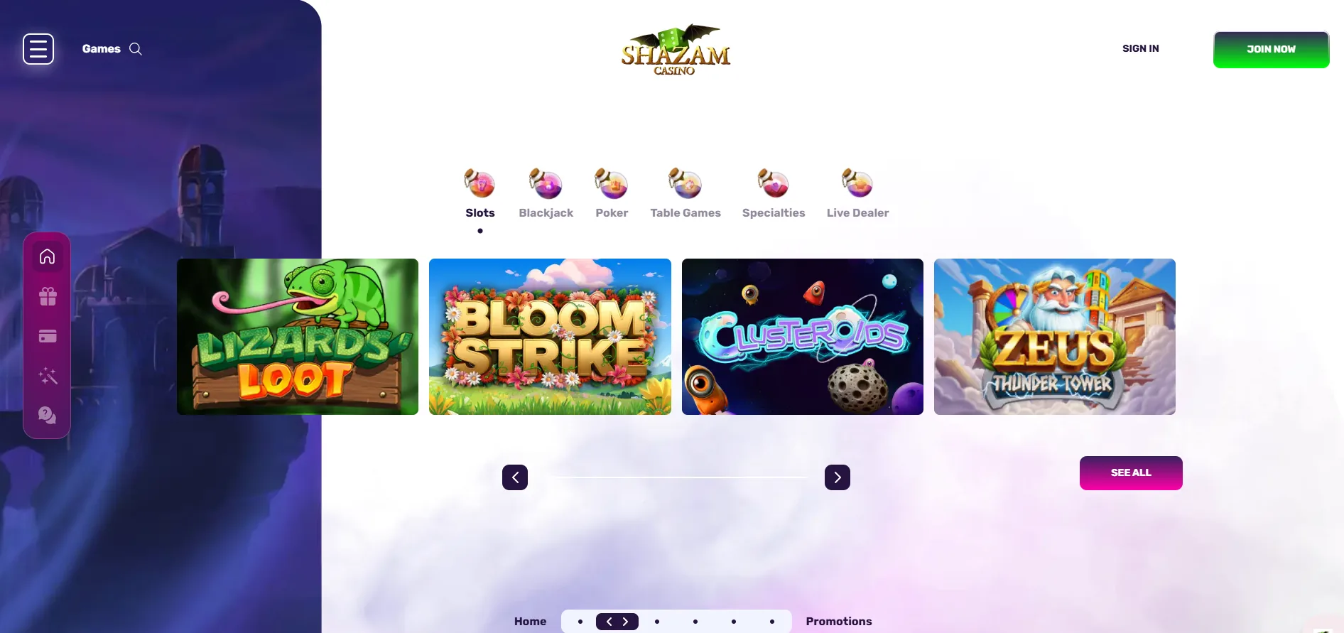 The Shazam Casino lobby showing Slots, Blackjack, Poker, Table Games, Specialties and Live Dealer categories above featured games.