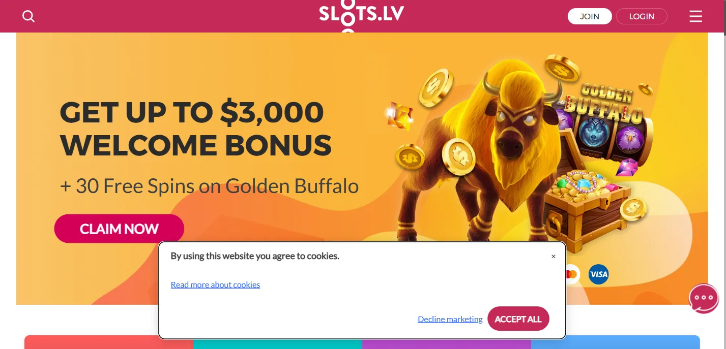 The Slots.lv homepage, with a hero banner reading Get Up To $3,000 Welcome Bonus plus 30 Free Spins on Golden Buffalo above a Claim Now button, and Join and Login buttons in the header.