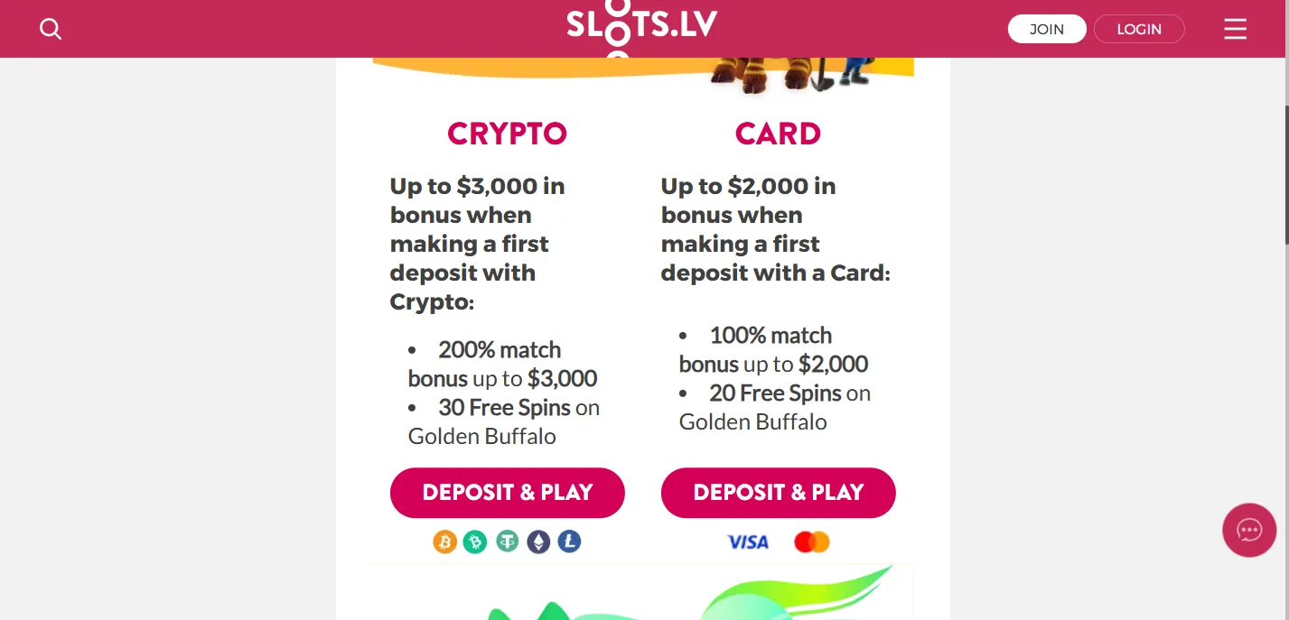 The Slots.lv welcome offer page showing two side-by-side columns, Crypto and Card. Crypto lists a 200% match bonus up to $3,000 and 30 free spins on Golden Buffalo above Bitcoin, Bitcoin Cash, Tether, Ethereum and Litecoin icons; Card lists a 100% match bonus up to $2,000 and 20 free spins above Visa and Mastercard icons.