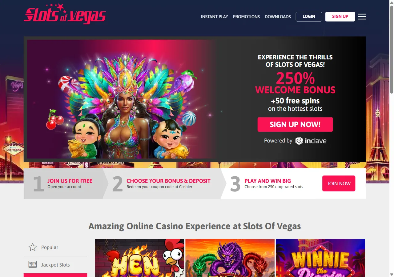 The Slots of Vegas homepage, with a hero banner reading Experience the thrills of Slots of Vegas above 250% Welcome Bonus plus 50 free spins on the hottest slots and a Sign Up Now button, over a nav bar of Instant Play, Promotions and Downloads.