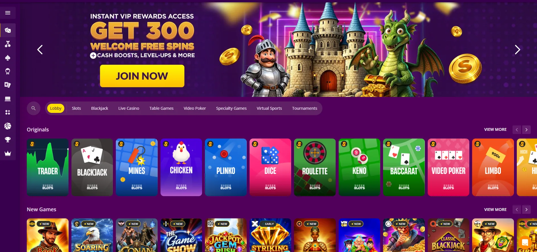 The Super Slots casino lobby showing the welcome free spins banner and the Originals and New Games rows, captured logged out on 28 August 2026.