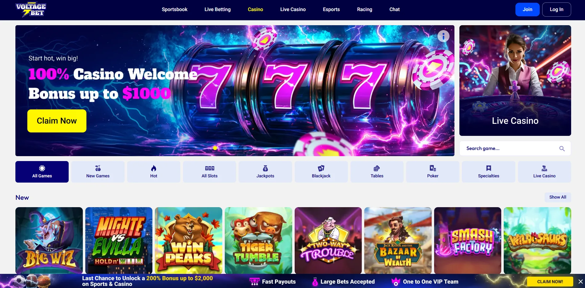 The VoltageBet casino lobby showing its 100% welcome bonus up to $1,000 above game-category navigation and new titles.