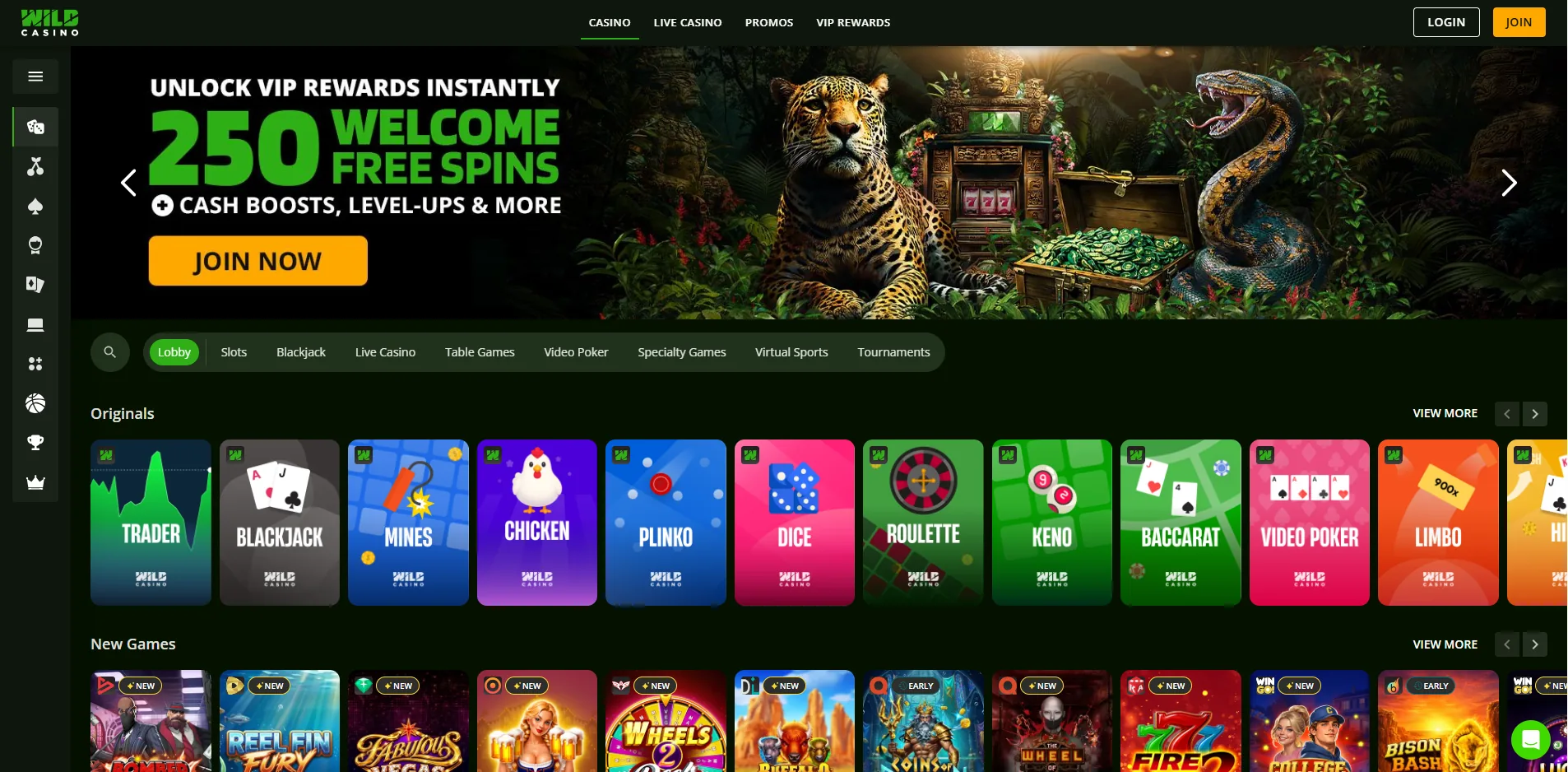The Wild Casino lobby showing a 250 welcome free spins banner above its Originals and New Games rows.